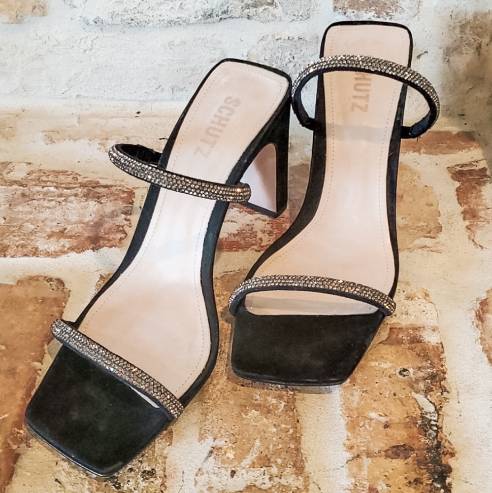 SCHUTZ Salwa Slip On Leather Crystal Block Open Toe Heels